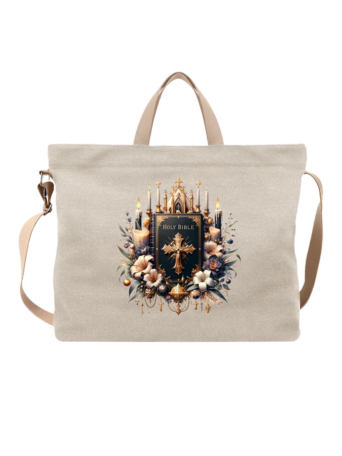 Сумка бежевая с принтом Holy Bible с золотым крестом и цветами — цветы — Бежевая, фото 1