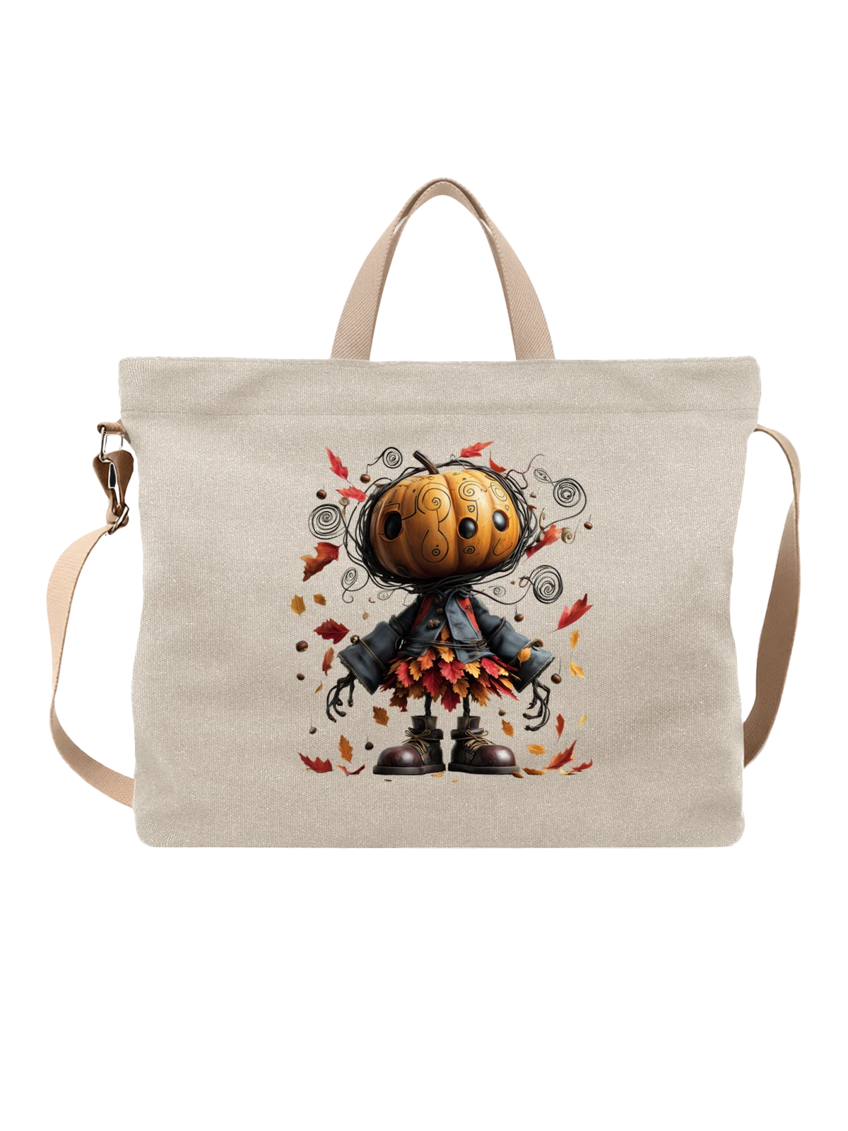 Сумка бежевая с принтом Pumpkin boy с осенними листьями — лианы и лозы — Бежевая, фото 1