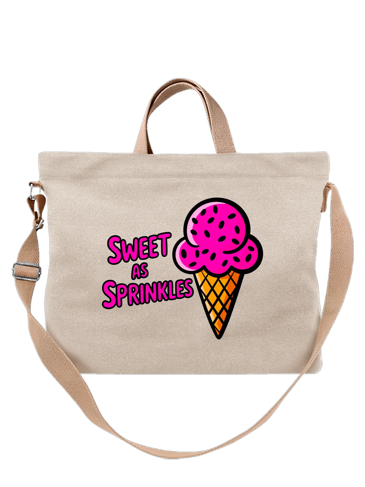 Сумка бежевая с принтом Розовый рожок мороженого Sweet as Sprinkles — десерт — Бежевая, фото 1