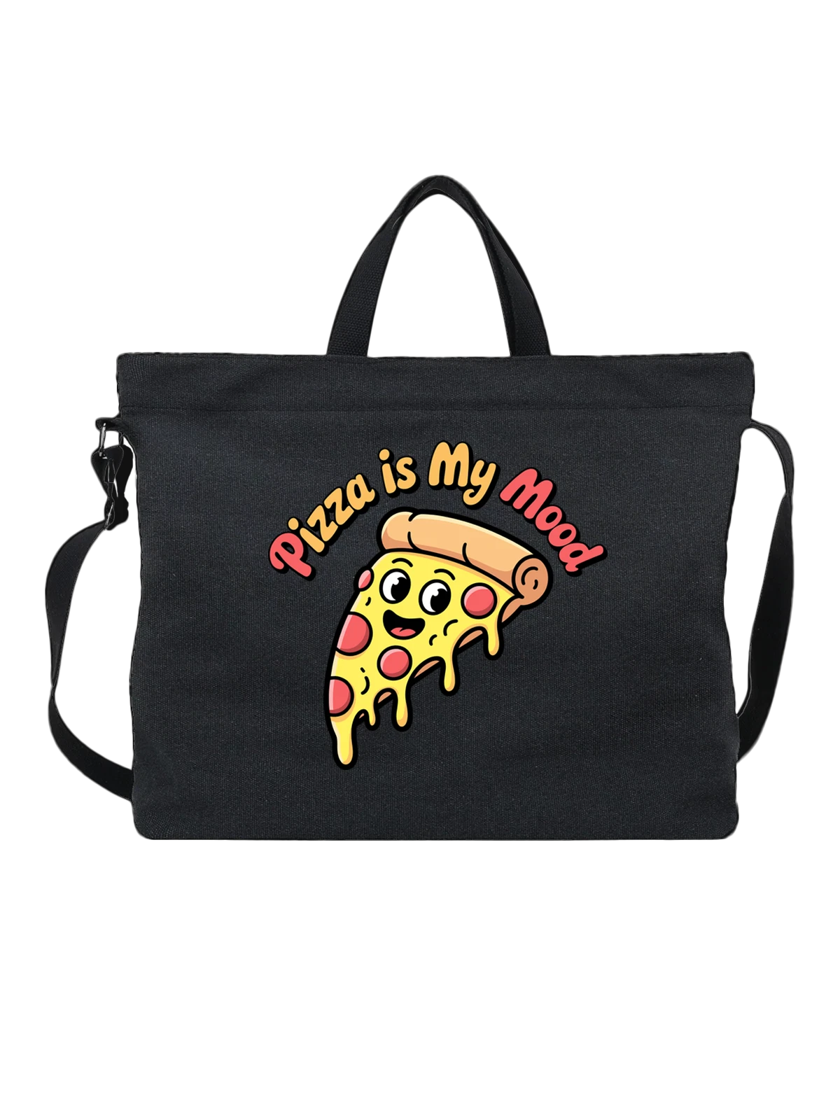 Сумка чёрная с принтом Пицца с улыбкой и надписью Pizza is My Mood — фастфуд — Чёрная, фото 1