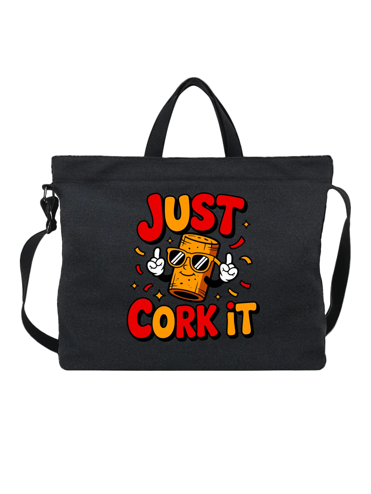 Сумка чёрная с принтом с пробкой в очках и надписью JUST CORK IT — солнцезащитные очки — Чёрная, фото 1