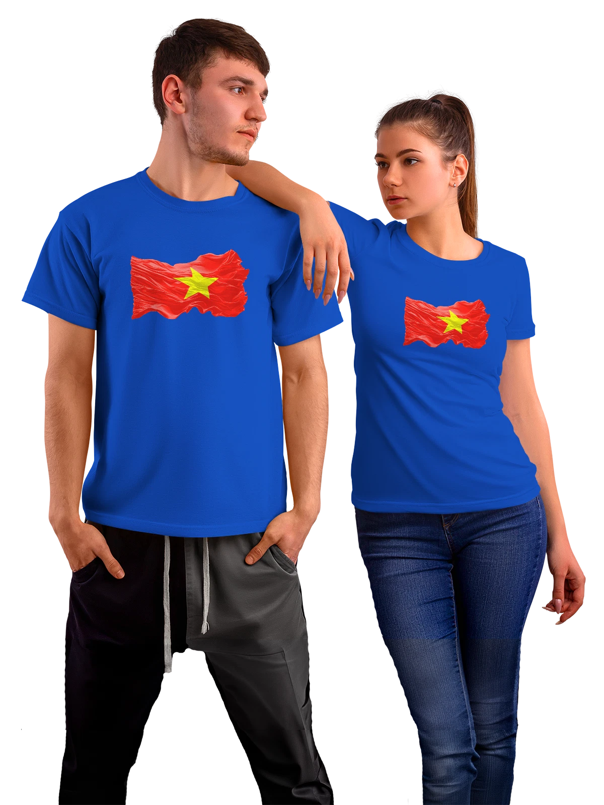 Футболка Флаг Вьетнама на красных волнах синяя с принтом — азиатский флаг — Синяя, фото 1