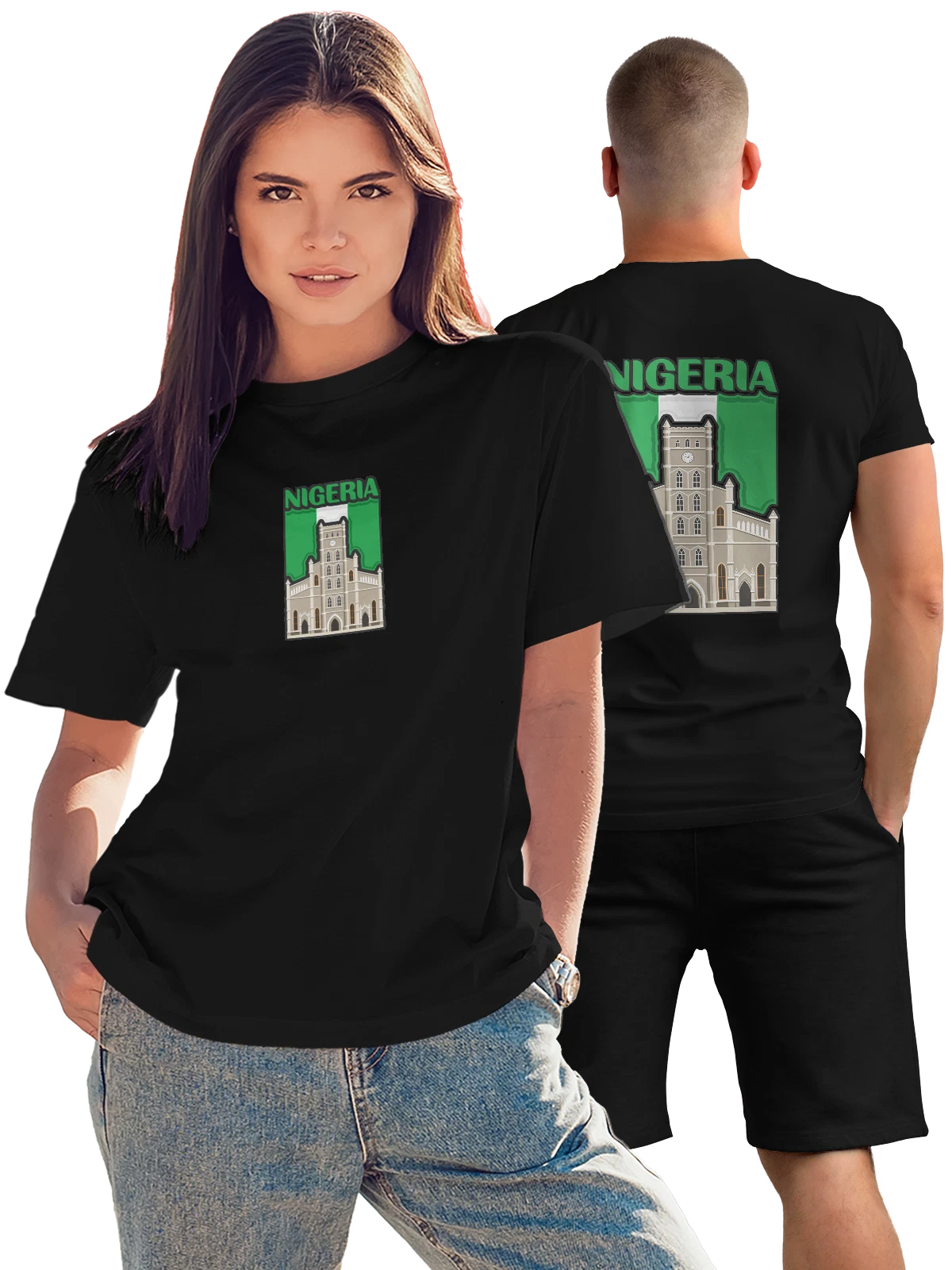 Футболка с флагом Нигерии Nigeria церковь чёрная с принтом на спине — патриотический принт — Чёрная, фото 1