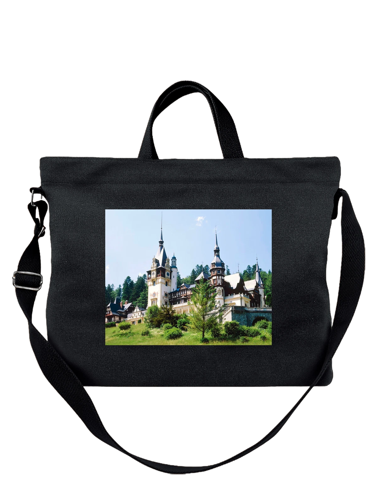 Сумка чёрная с принтом Архитектура живописная Peles Castle Sinaia — путешествия по городам — Чёрная, фото 1