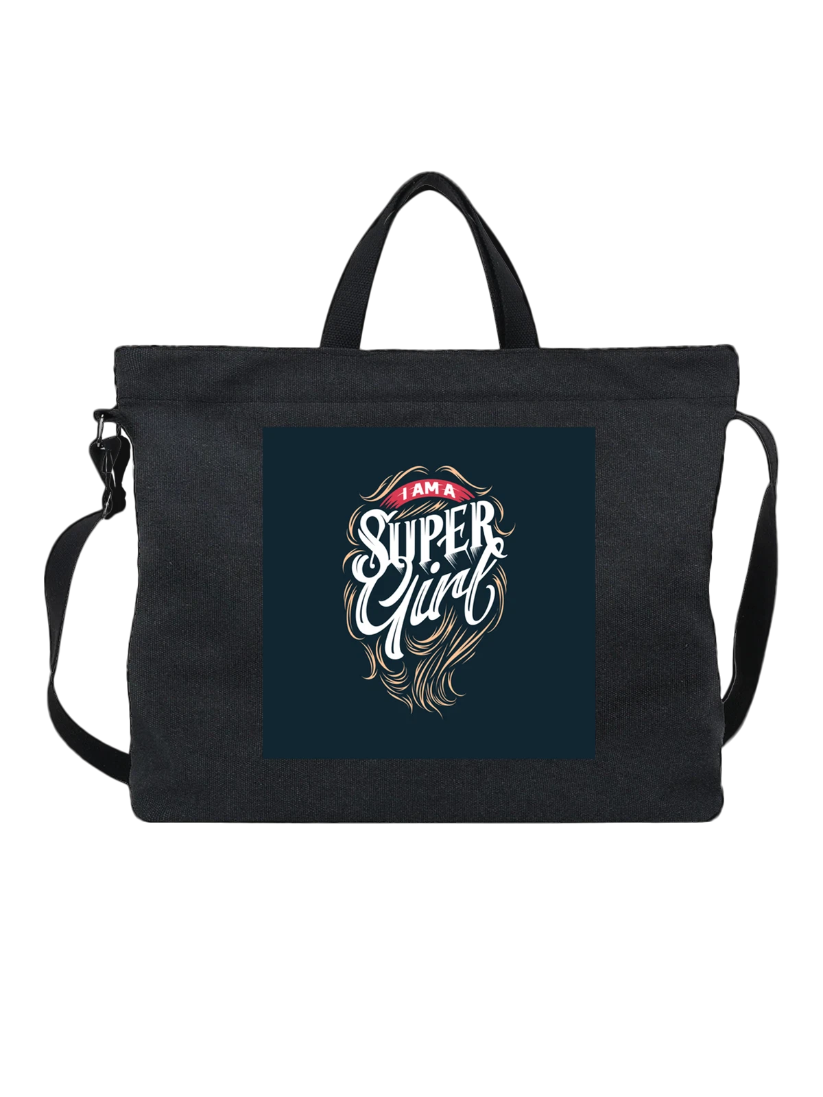 Сумка чёрная с принтом I AM A SUPER GIRL белая надпись — мотивационная фраза — Чёрная, фото 1