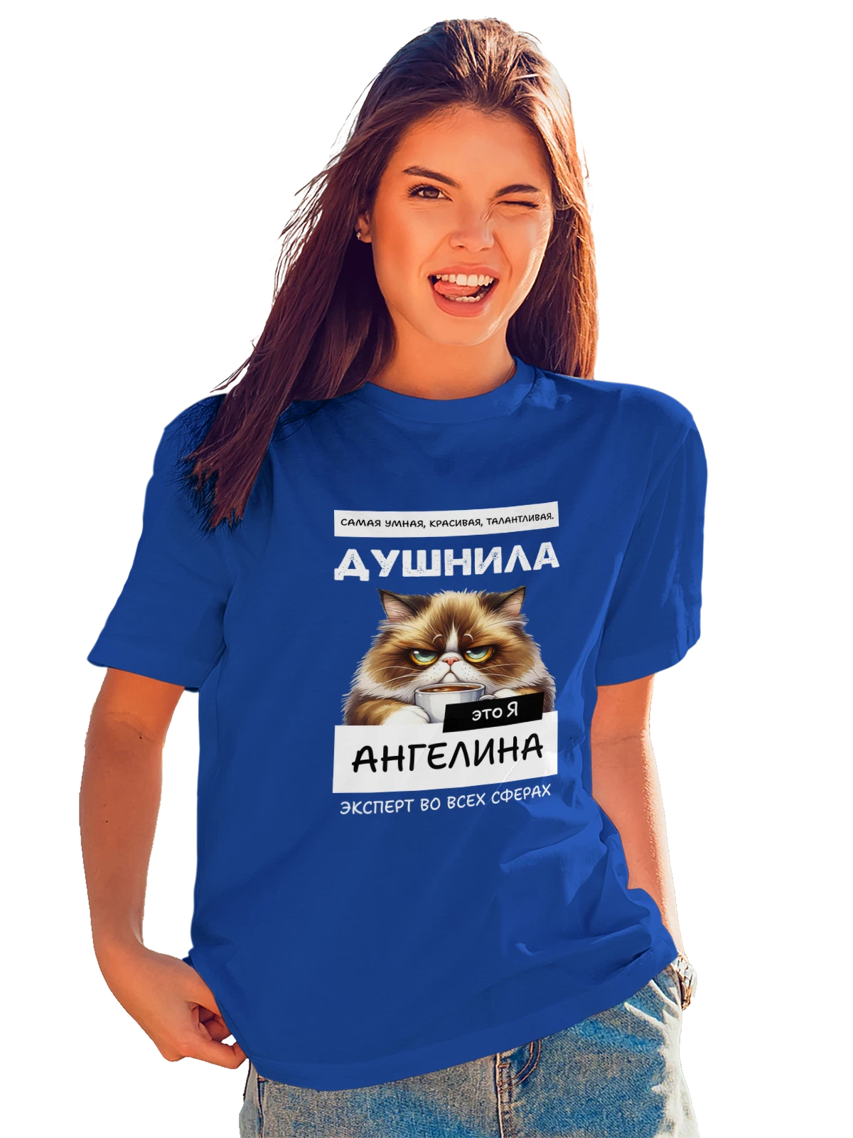 Футболка Имя Ангелина душнила синяя с принтом — надпись с именем — Синяя, фото 1