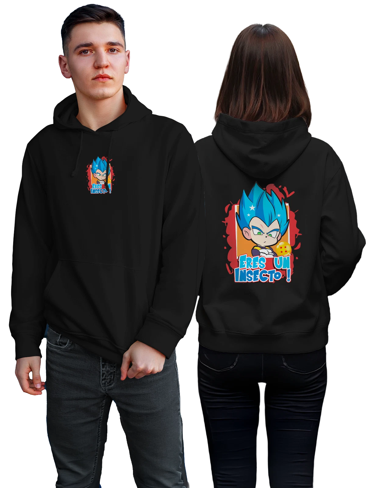 Худи Вегета с шаром дракона и надписью ER ES UN INSECTO чёрное с принтом — Dragon Ball шар — Чёрная, фото 1