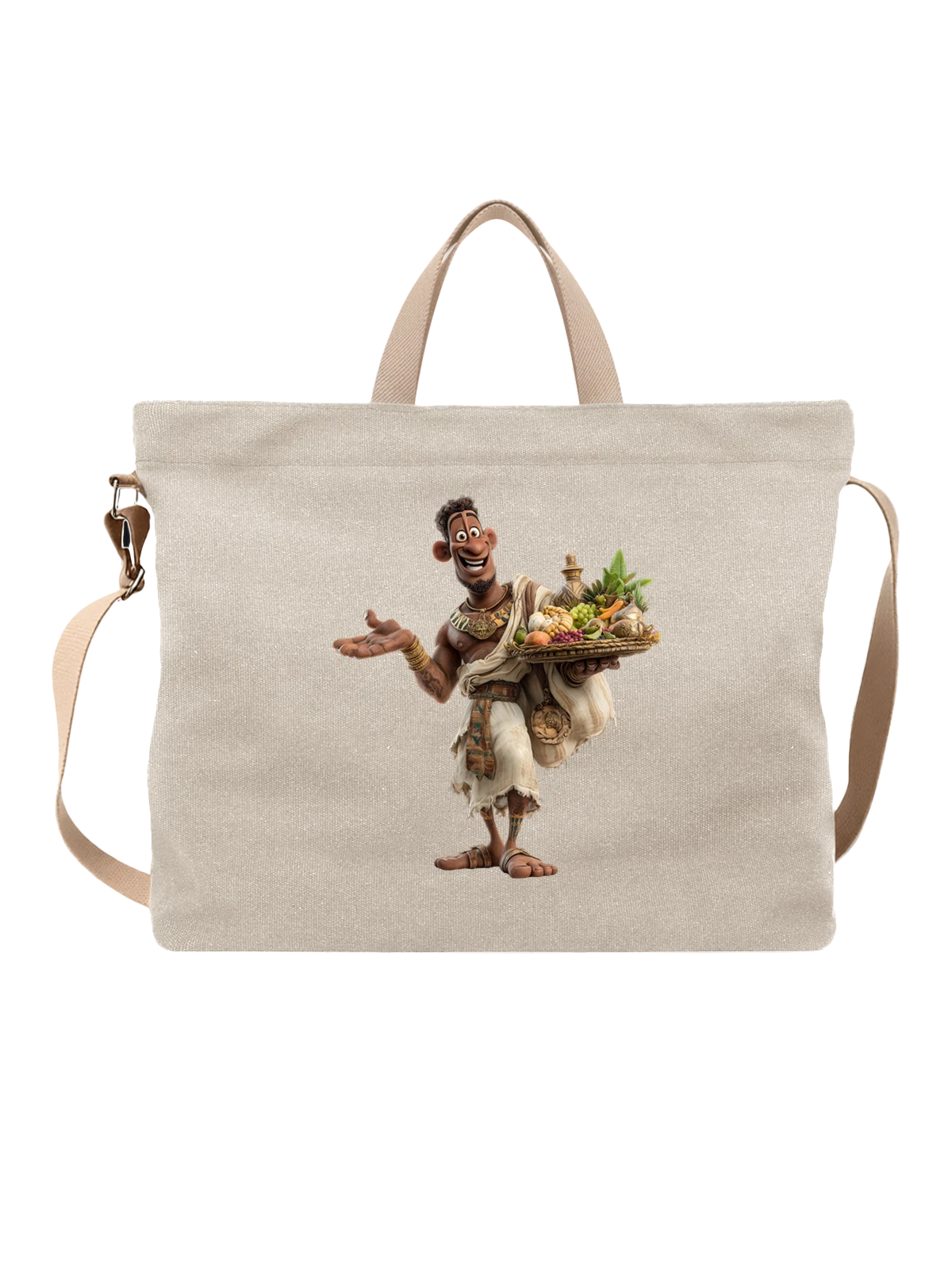 Сумка бежевая с принтом Веселый африканский торговец фруктами — торговец на рынке — Бежевая, фото 1