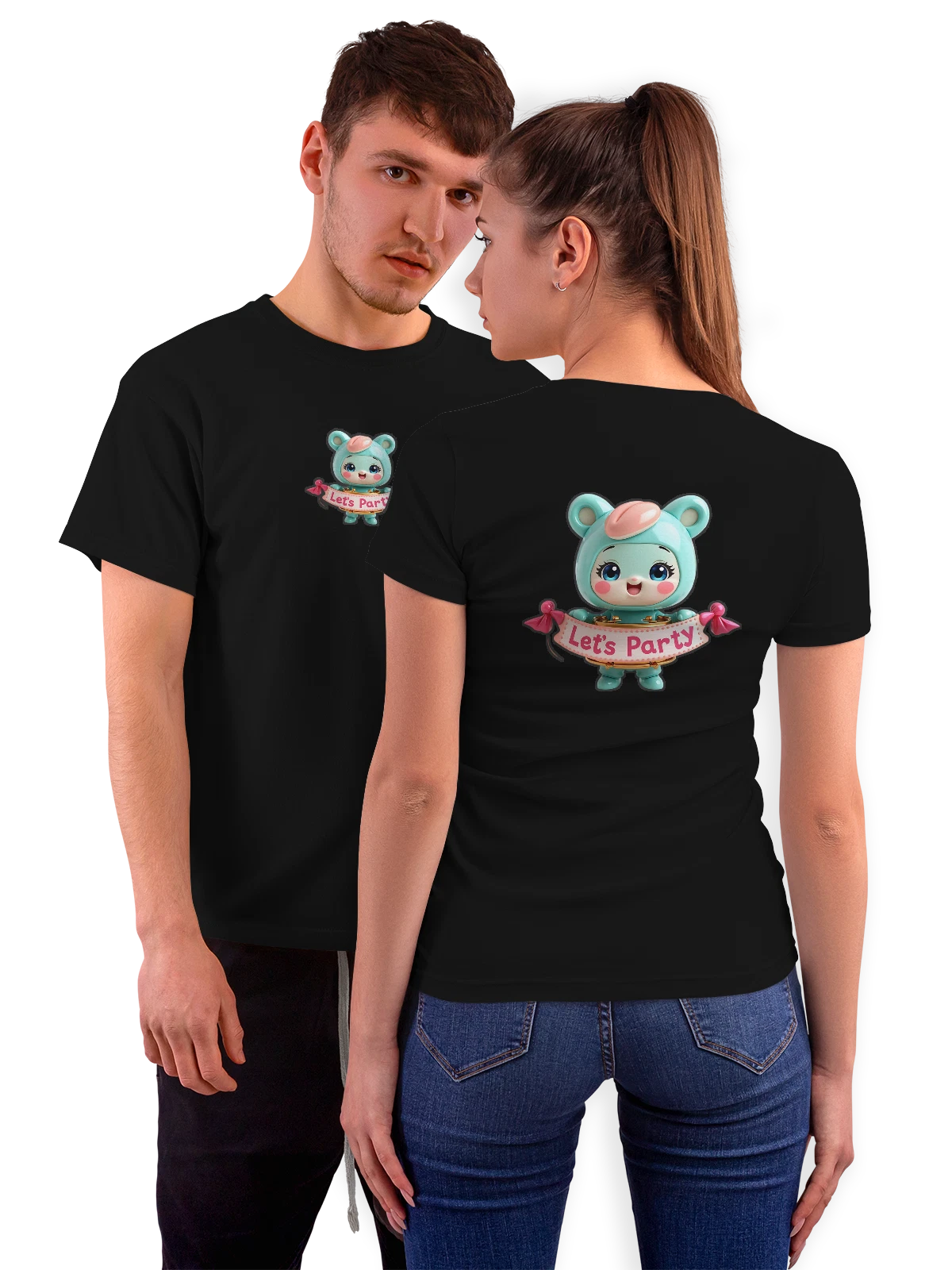 Футболка с милым bear в капюшоне и баннером Let’s Party чёрная с принтом на спине — hooded costume — Чёрная, фото 1