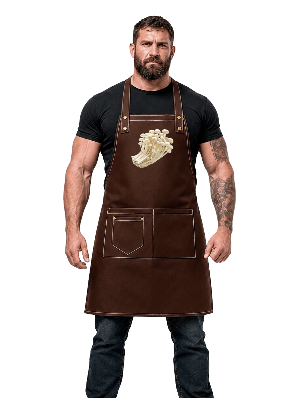 Фартук коричневый с принтом Грибы эноки белые в пучке крупно — свежие грибы — Коричневый, фото 1
