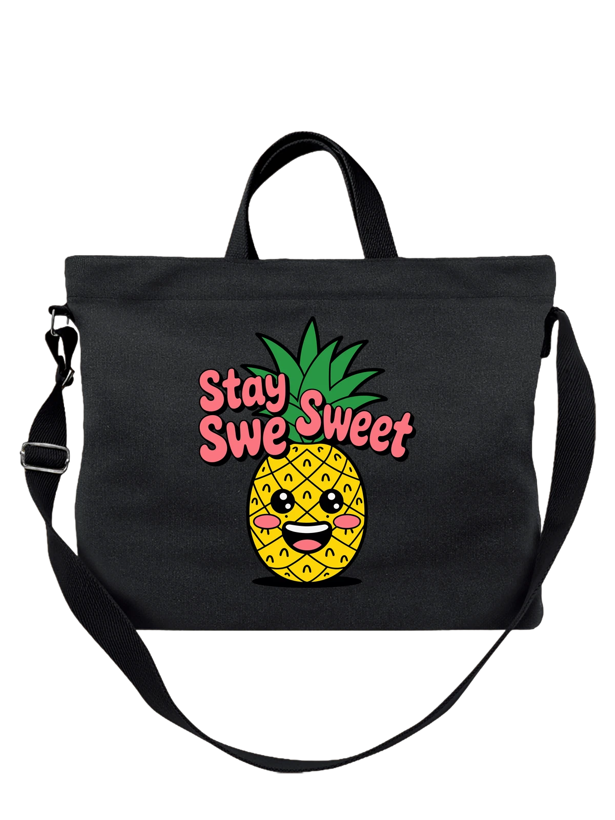 Сумка чёрная с принтом Ананас Stay Sweet с милым лицом — летний фрукт — Чёрная, фото 1