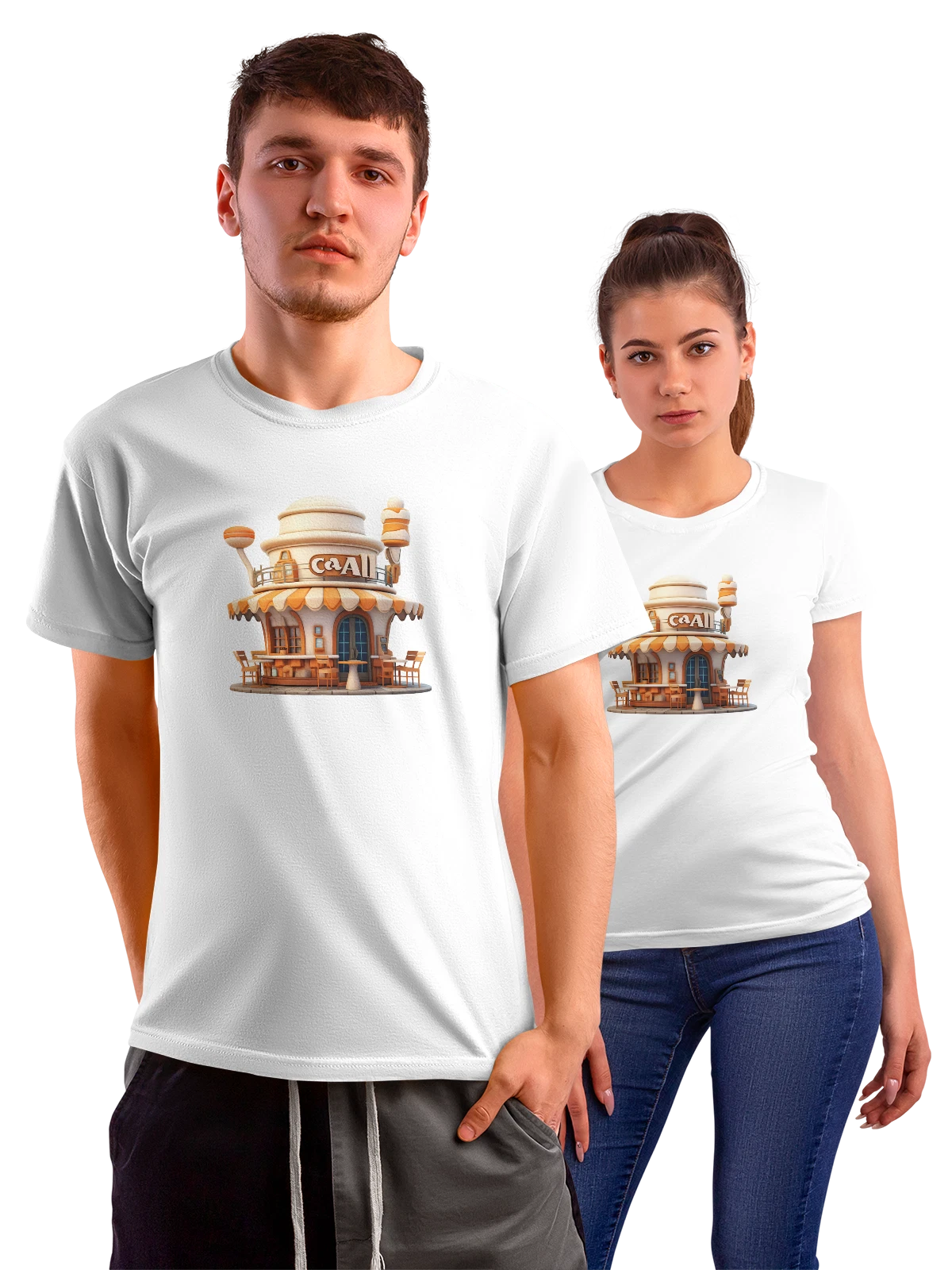 Футболка с кафе и вывеской CaAl белая с принтом — фасад здания — Белая, фото 1