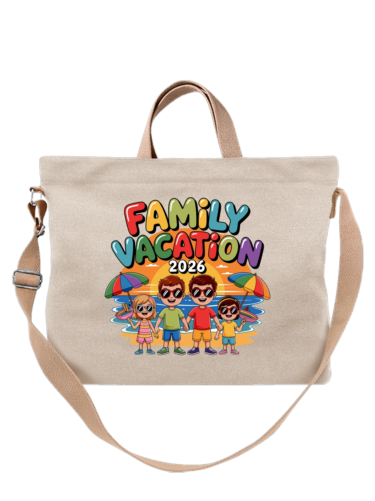 Сумка бежевая с принтом Family Vacation 2026 отдых на море — пляжный сезон — Бежевая, фото 1
