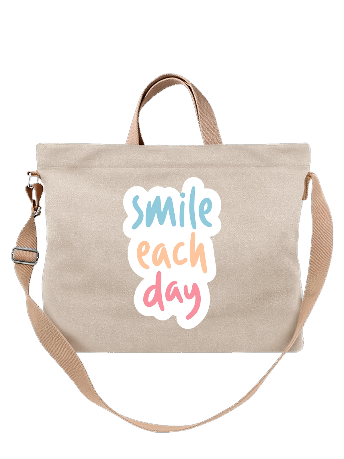 Сумка бежевая с принтом с надписью smile each day пастельный текст — декоративная надпись — Бежевая, фото 1