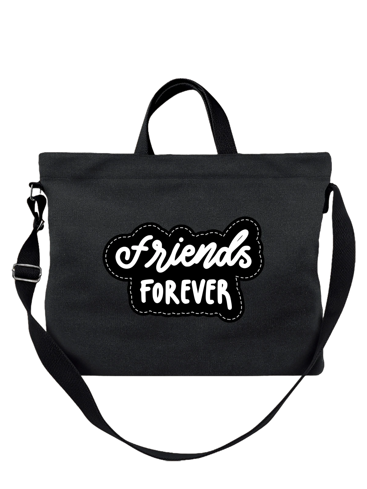 Сумка чёрная с принтом Friends Forever с белой надписью на черном — дружеский принт — Чёрная, фото 1