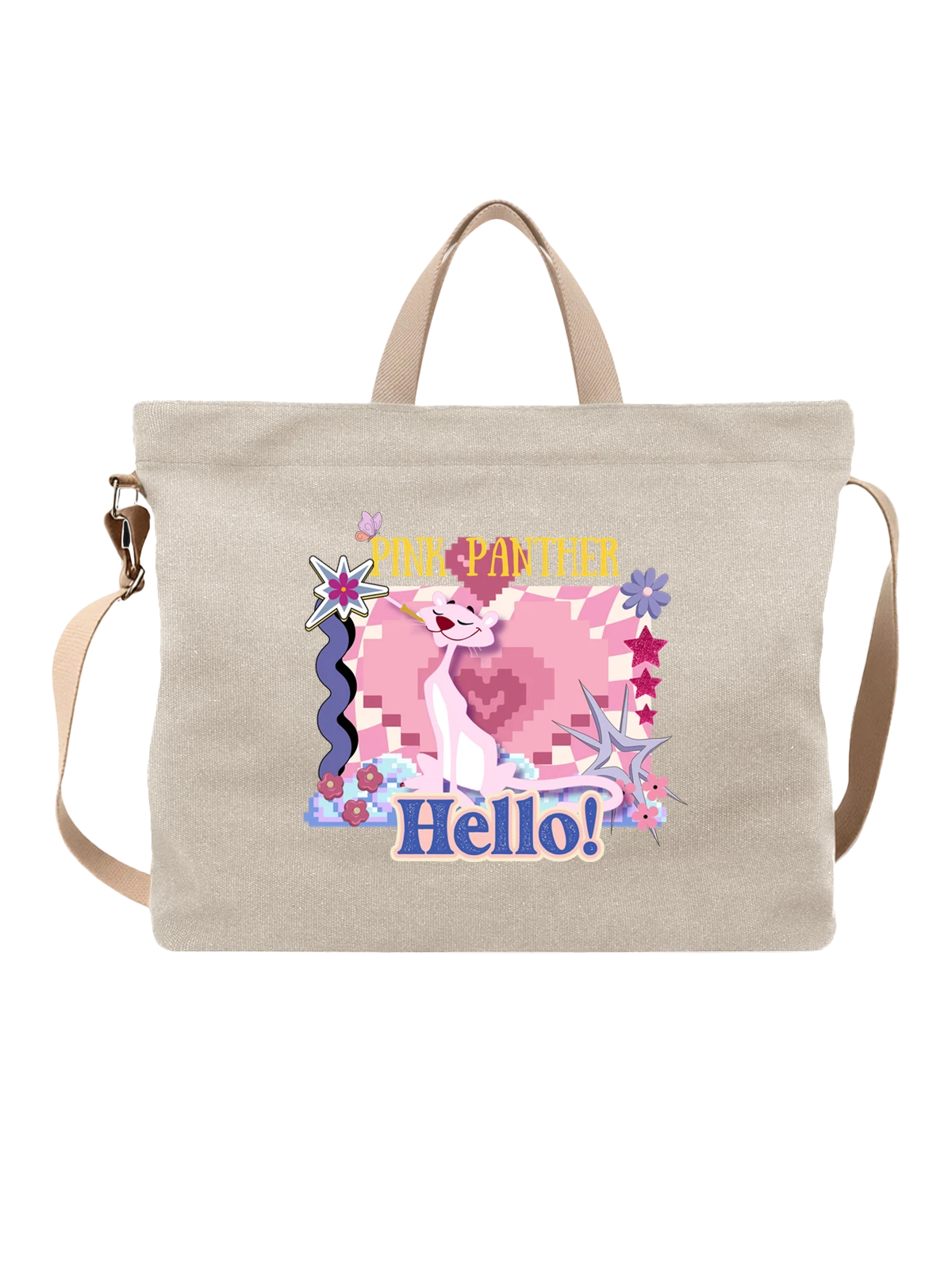 Сумка бежевая с принтом Розовая Пантера Hello с цветами и звездами — cute character — Бежевая, фото 1