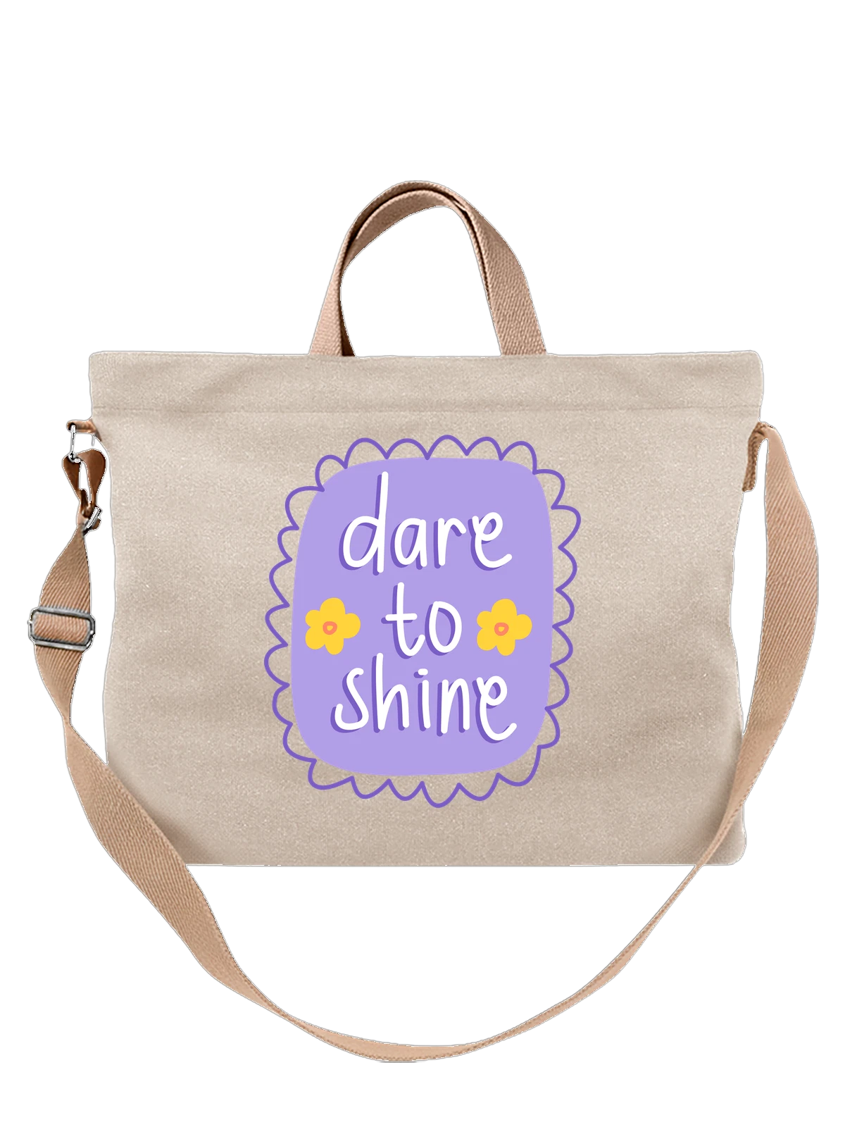 Сумка с надписью Dare to Shine и цветами белая с принтом — леттеринг — Белая, фото 1