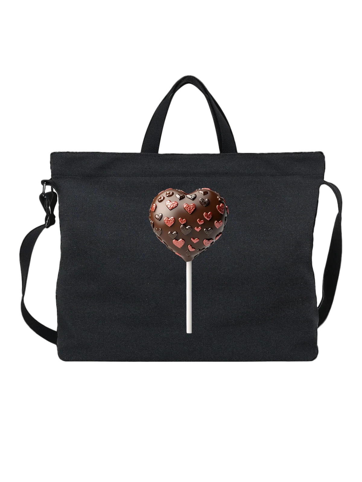 Сумка чёрная с принтом Шоколадное сердце на палочке с сердечками — сладость в форме сердца — Чёрная, фото 1
