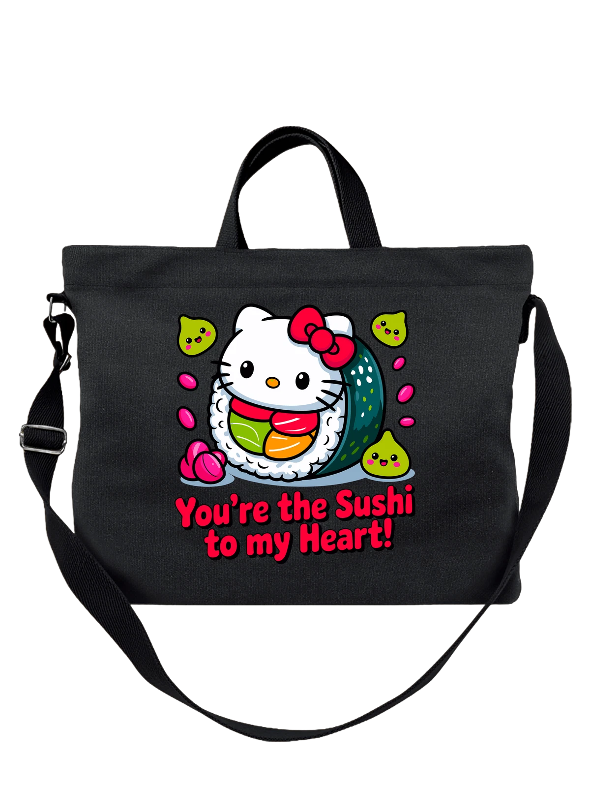 Сумка чёрная с принтом Hello Kitty с суши и сердцем — мультяшный персонаж — Чёрная, фото 1