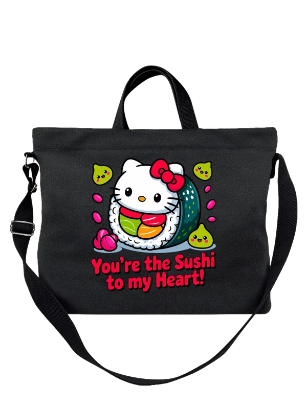 Сумка чёрная с принтом Hello Kitty с суши и сердцем — Чёрная, фото 1