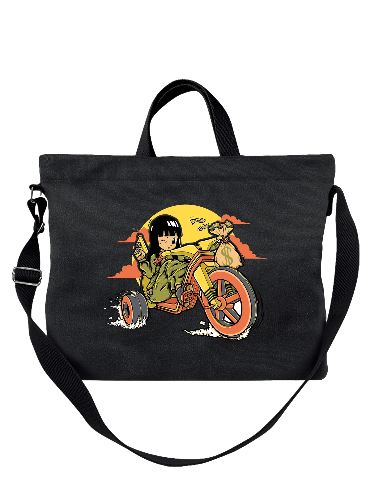 Сумка чёрная с принтом Girl on a tricycle with money bag — dollar sack — Чёрная, фото 1