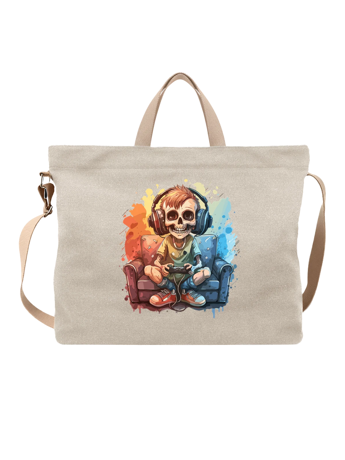 Сумка бежевая с принтом Ребенок с черепом в наушниках и геймпадом — skull kid — Бежевая, фото 1