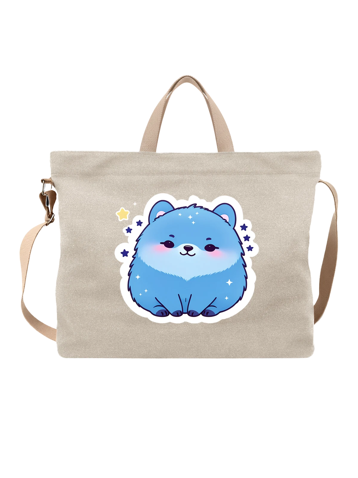 Сумка бежевая с принтом с милым голубым медвежонком и звёздами — kawaii — Бежевая, фото 1