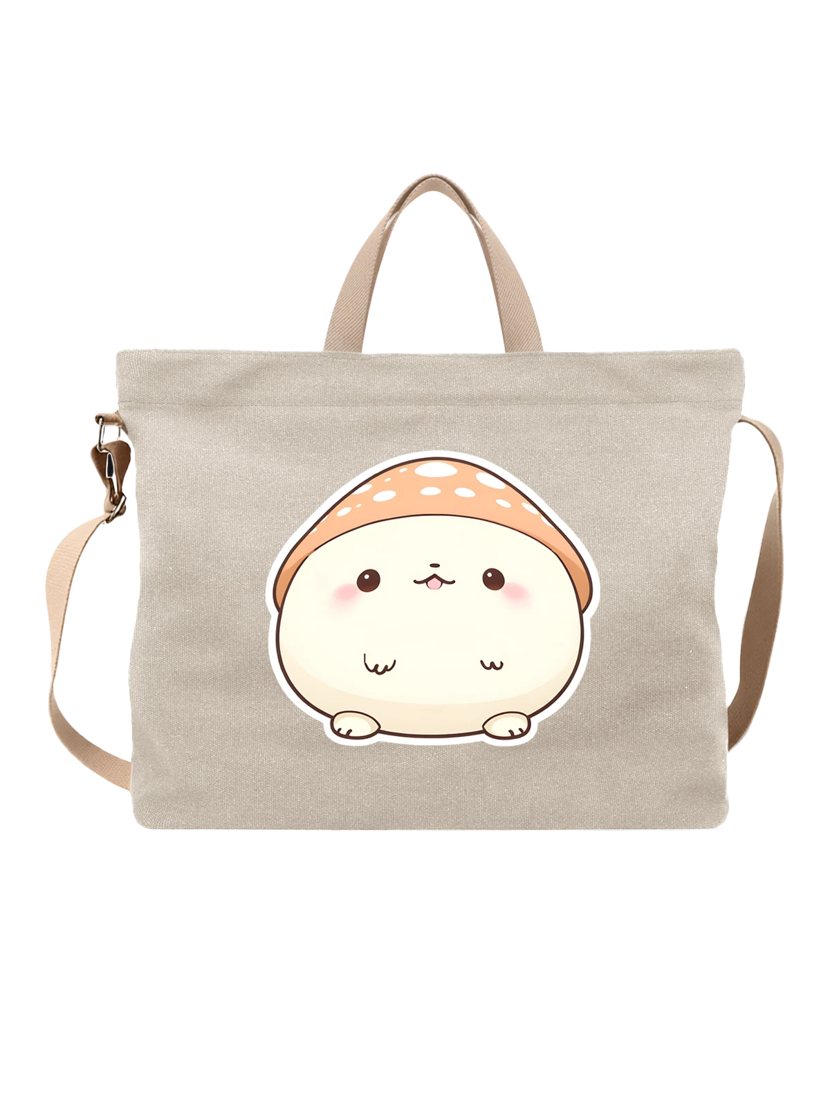 Сумка бежевая с принтом Милый гриб бежевый кавайный персонаж — kawaii mushroom — Бежевая, фото 1