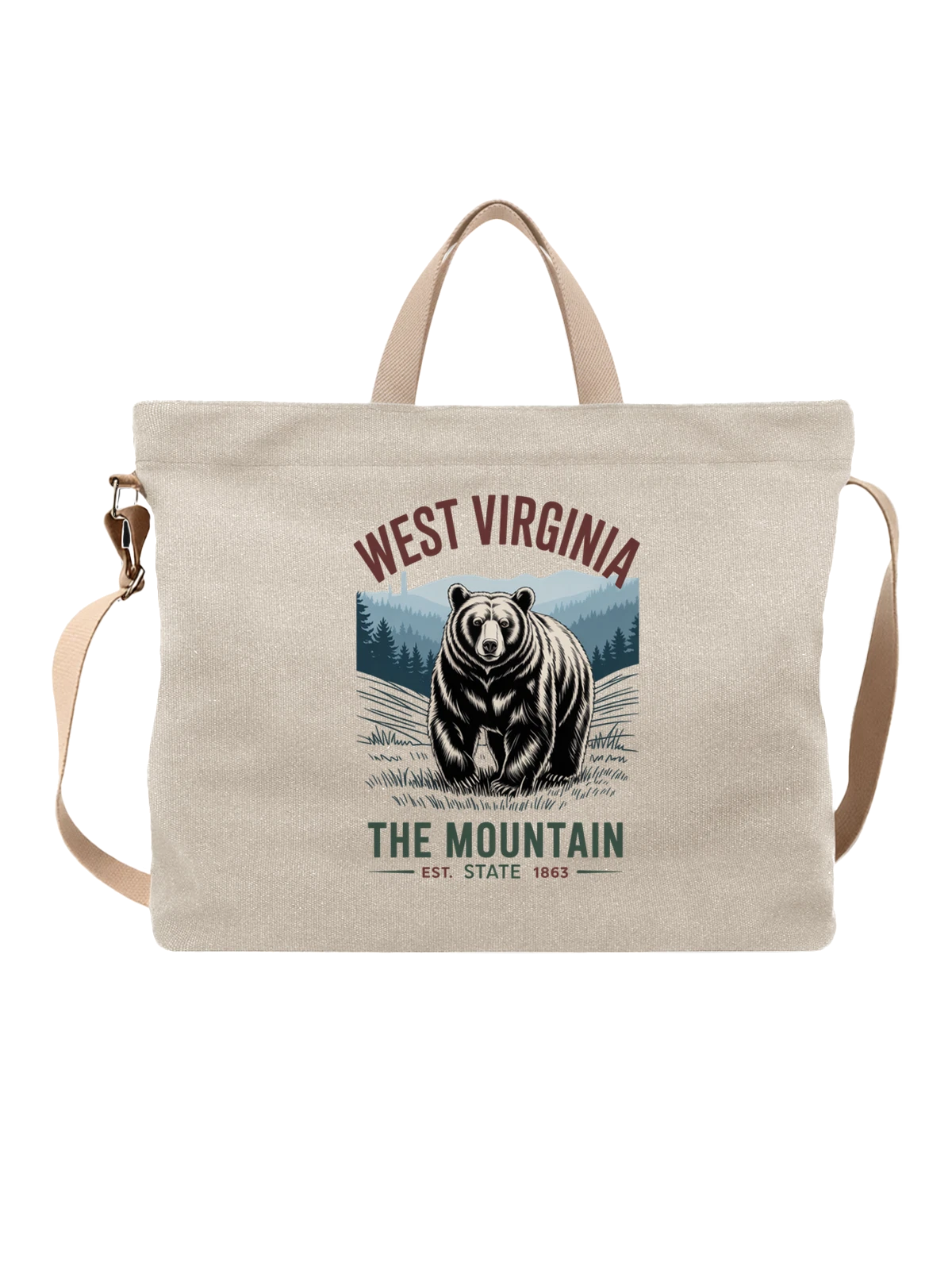 Сумка бежевая с принтом Медведь West Virginia The Mountain — силуэт зверя — Бежевая, фото 1