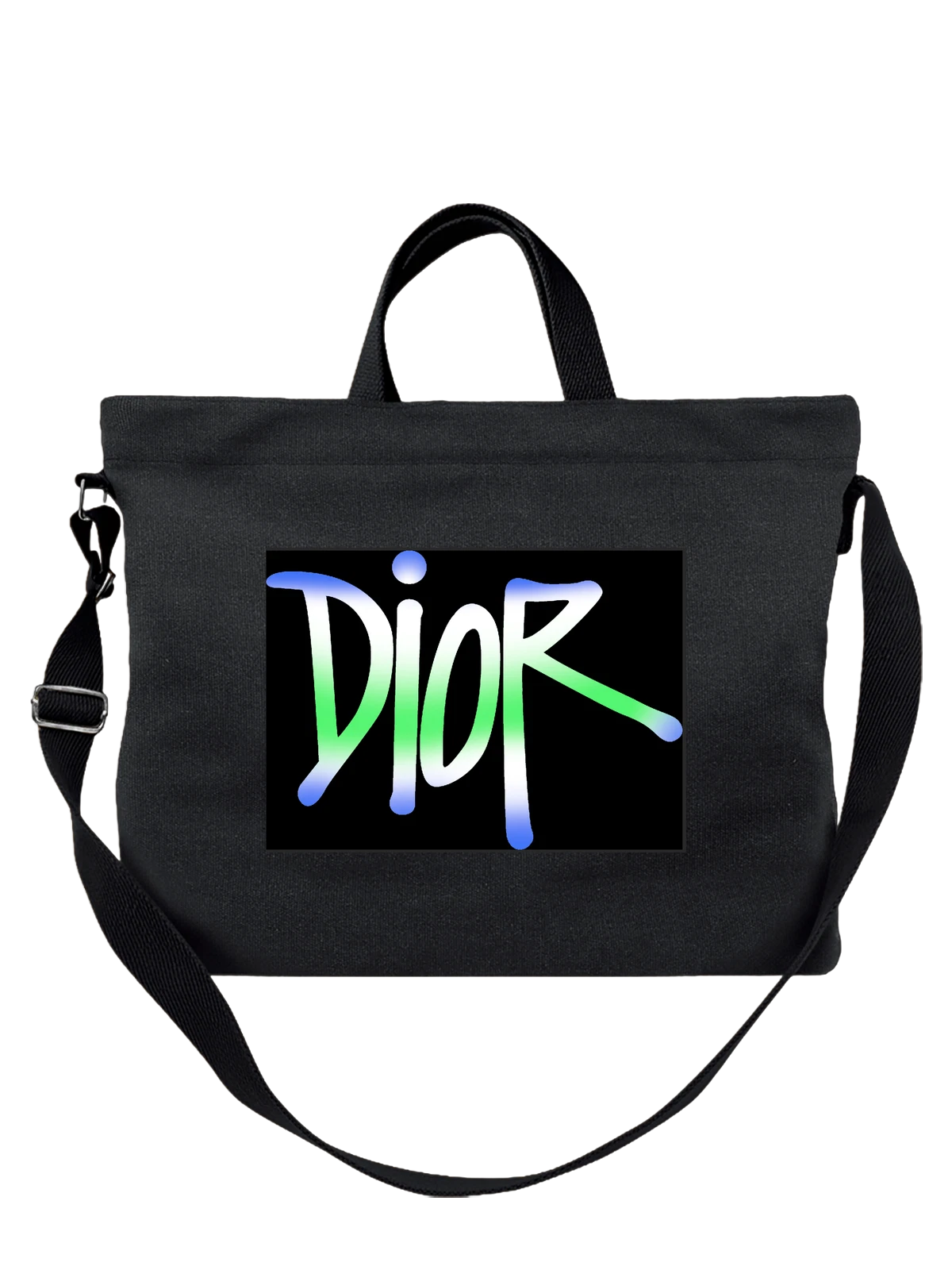 Сумка Dior с цветным логотипом бренда чёрная с принтом — черный фон — Чёрная, фото 1