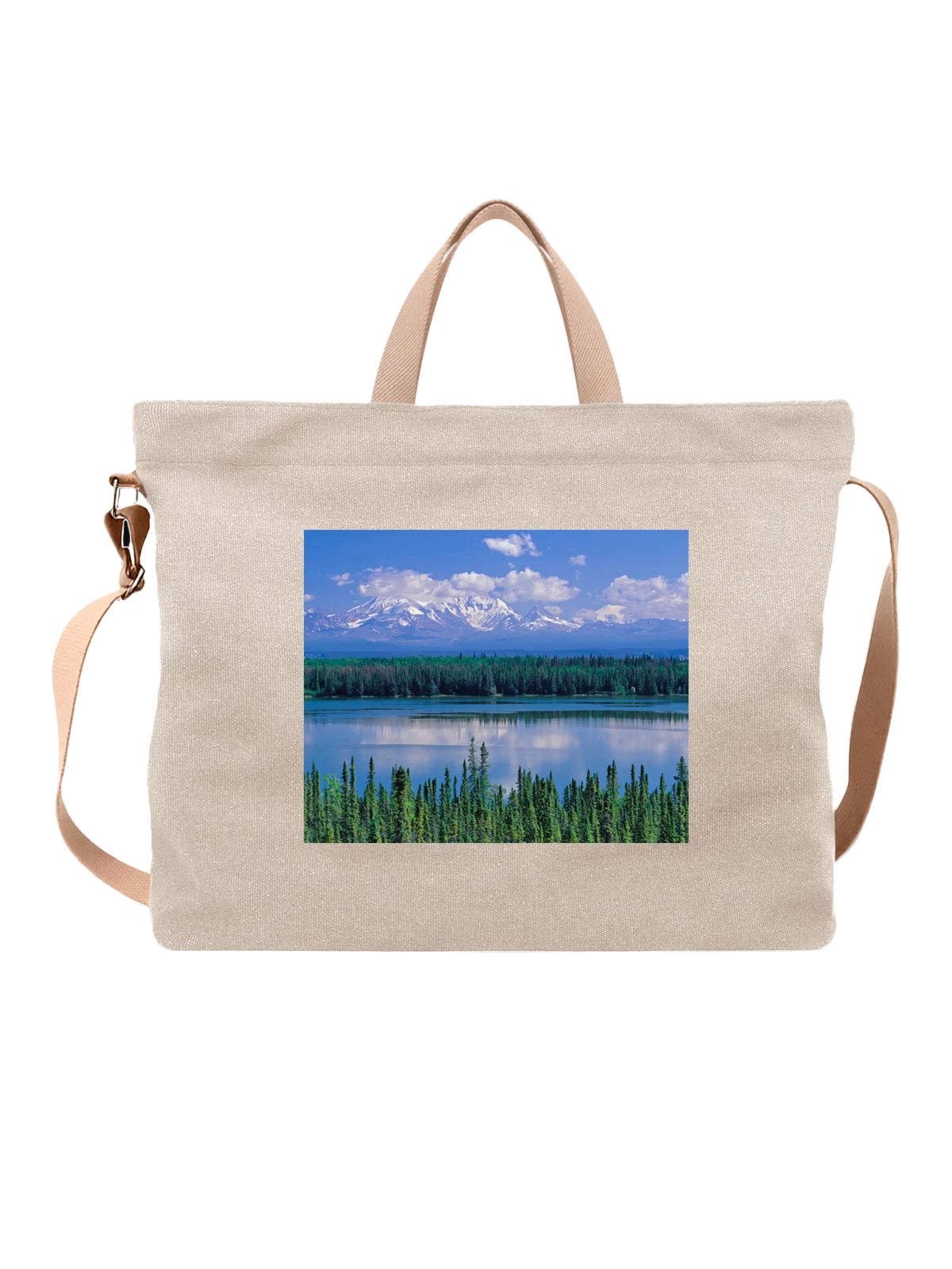 Сумка бежевая с принтом Страна яркая Willow Lake and Mount Wrangell — городские огни — Бежевая, фото 1
