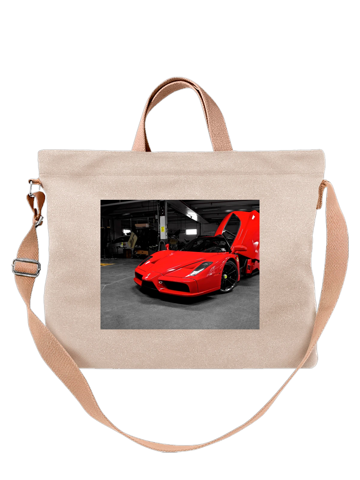 Сумка бежевая с принтом Машина Ferrari Enzo red — мощный двигатель — Бежевая, фото 1
