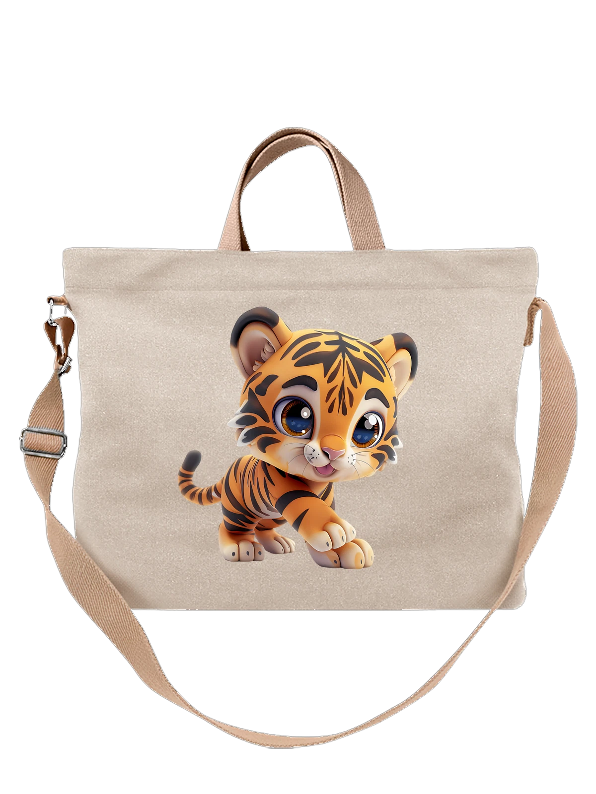 Сумка бежевая с принтом Тигренок с большими глазами и лапами — cute tiger cub — Бежевая, фото 1