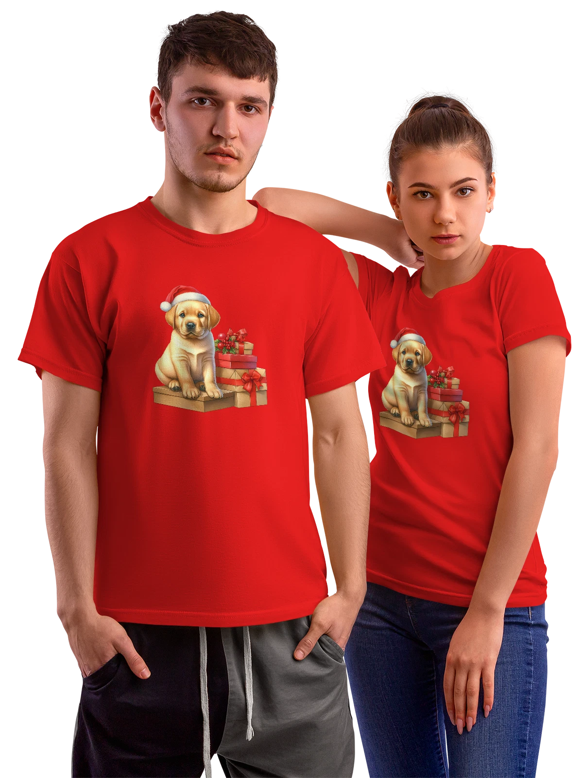 Футболка Щенок Labrador Retriever в рождественской шапке красная с принтом — cute puppy art — Красная, фото 1