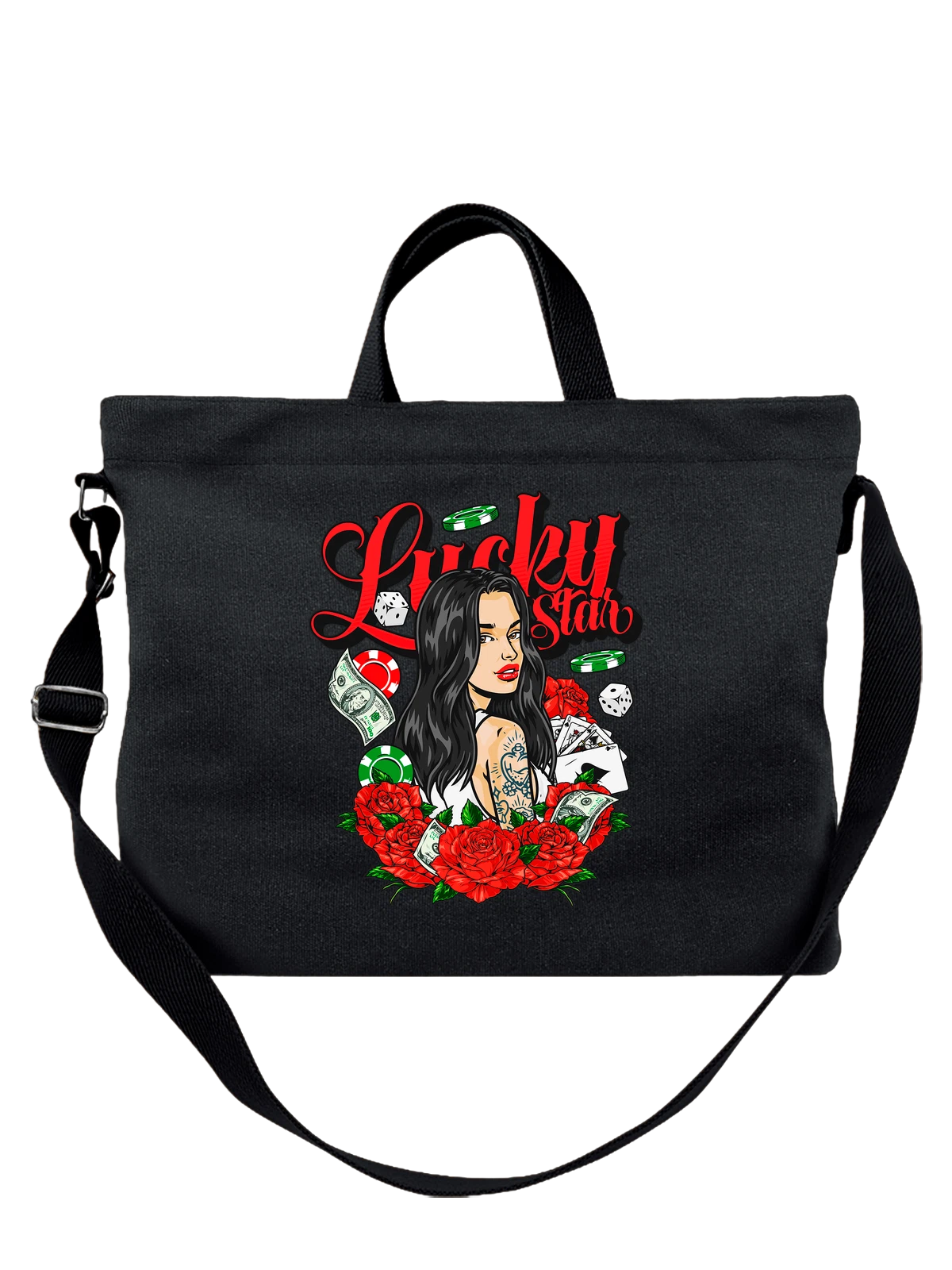 Сумка Фишки деньги карты lucky star чёрная с принтом — подарок игроку — Чёрная, фото 1