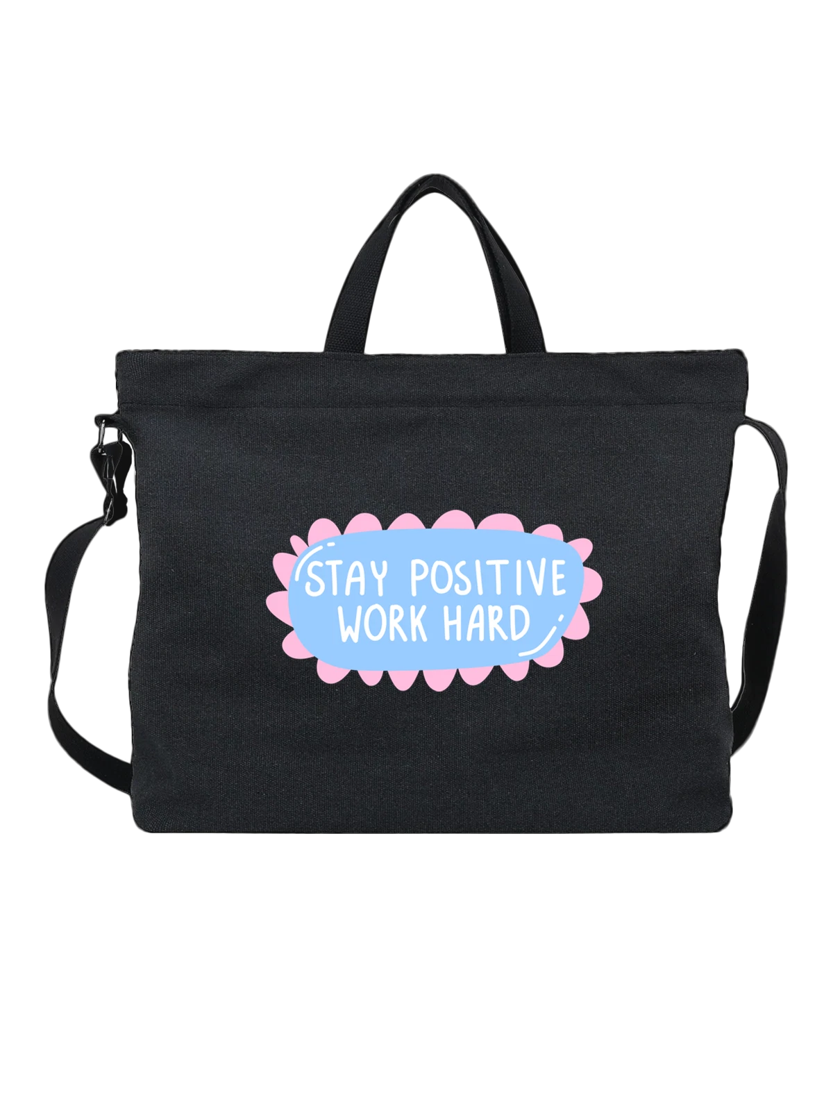 Сумка чёрная с принтом с надписью Stay Positive Work Hard — text print — Чёрная, фото 1