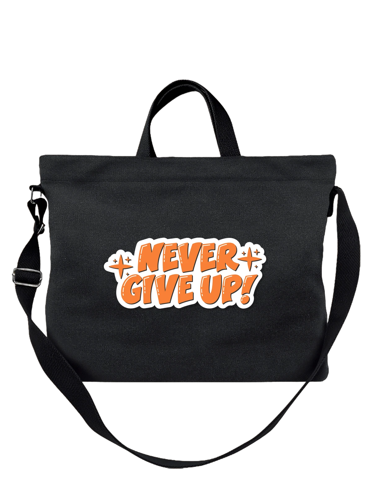 Сумка чёрная с принтом с надписью Never Give Up в оранжевом — типографика — Чёрная, фото 1