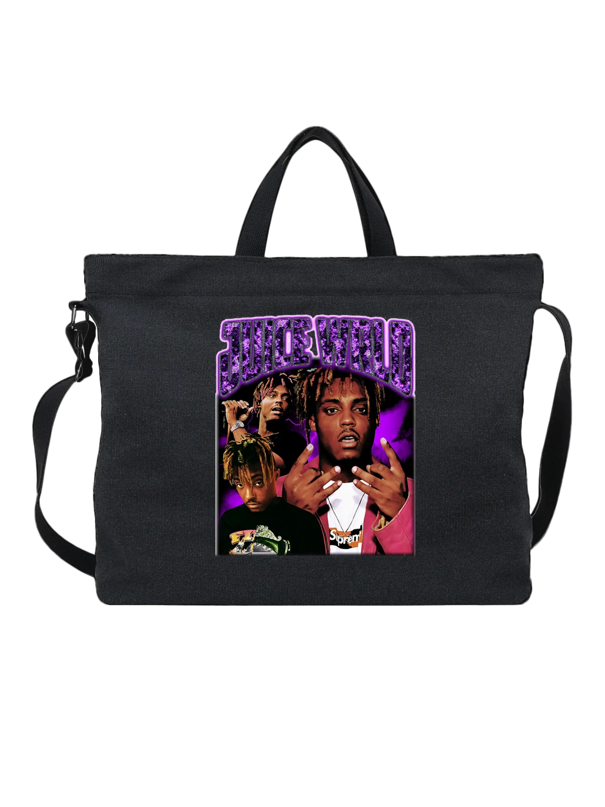 Сумка чёрная с принтом Juice WRLD в фиолетовом свете — футбольный дизайн — Чёрная, фото 1