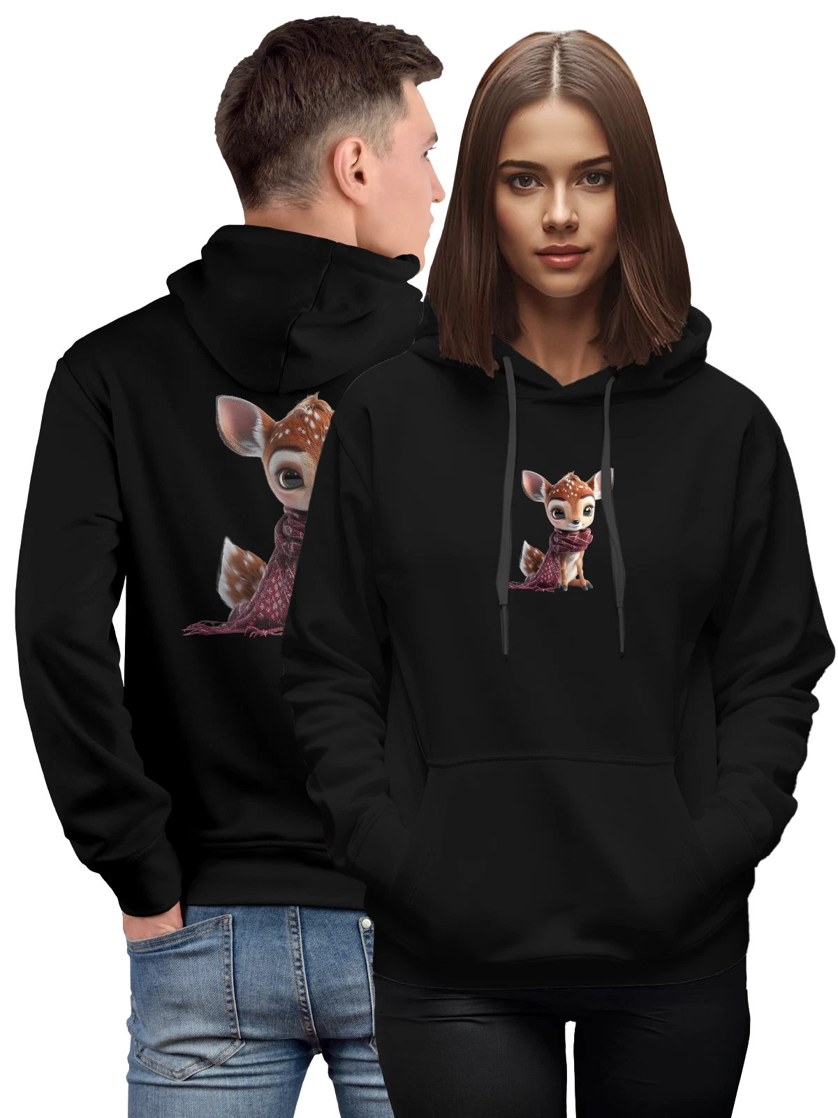 Худи Милый оленёнок в бордовом шарфе чёрное с принтом — deer illustration — Чёрная, фото 1