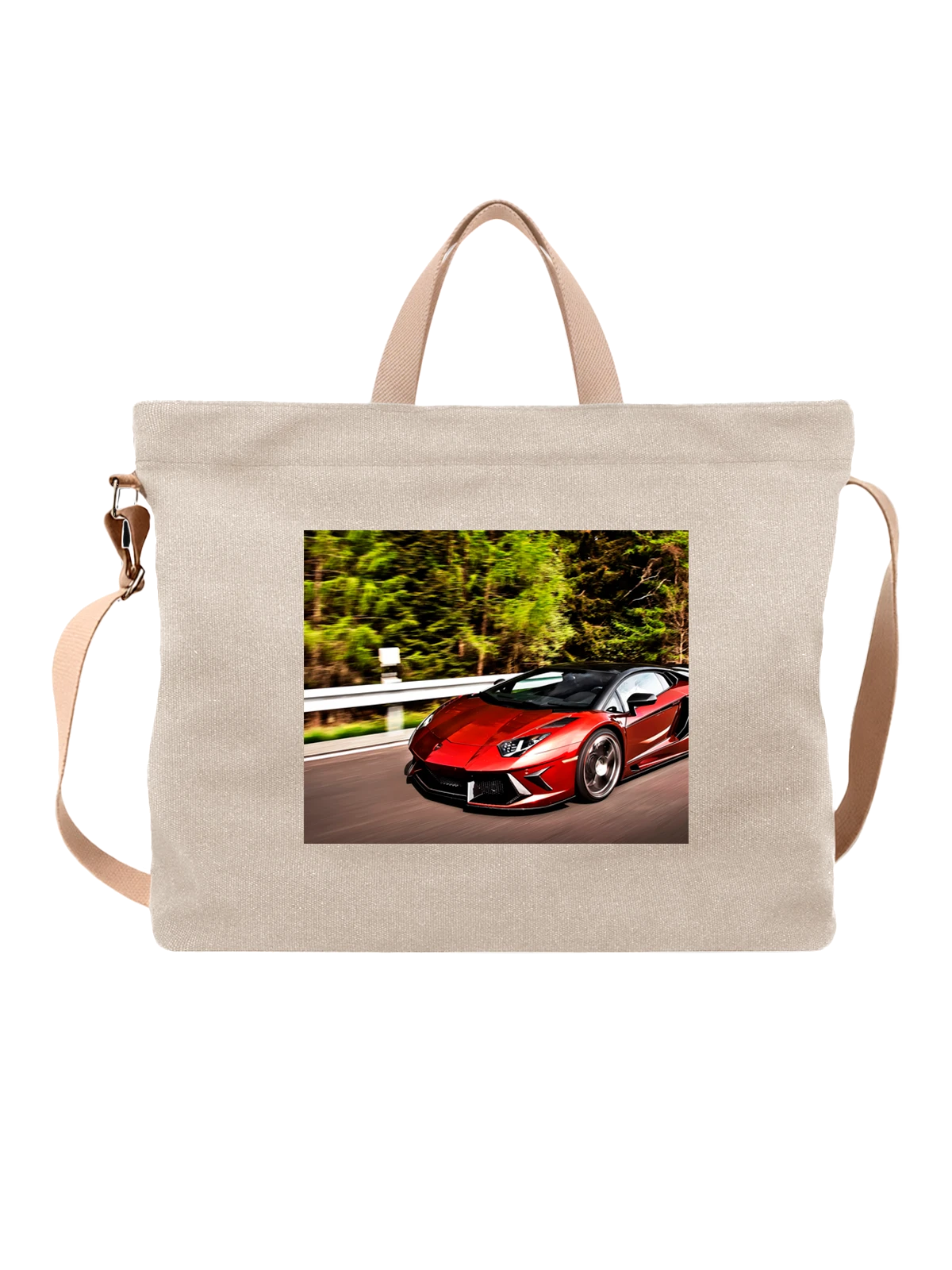 Сумка бежевая с принтом Красный lamborghini Aventador в движении — выразительный кузов — Бежевая, фото 1