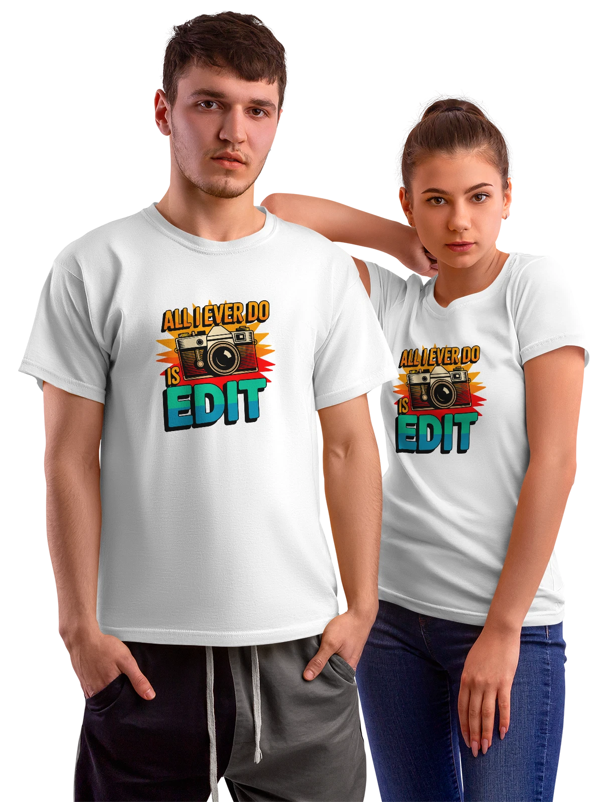 Футболка с винтажной камерой и All I Ever Do Is Edit белая с принтом — видоискатель — Белая, фото 1