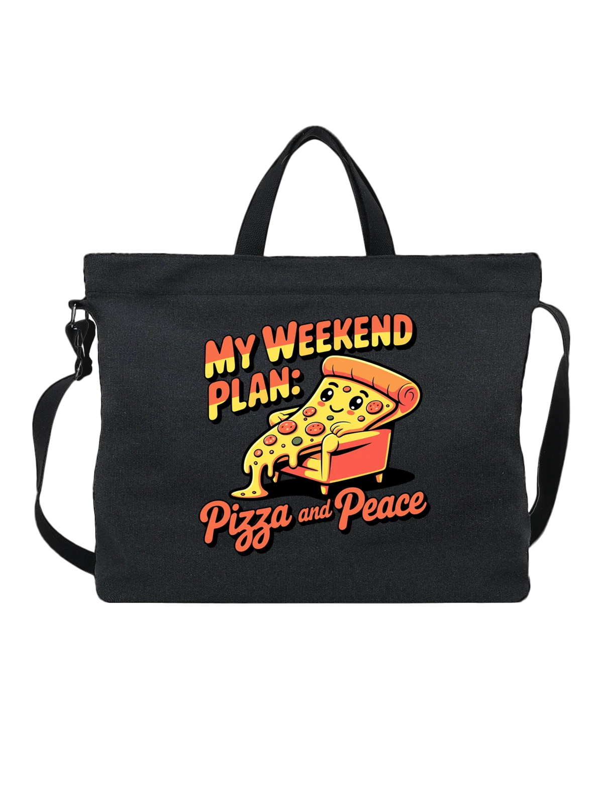 Сумка чёрная с принтом Пицца в кресле с надписью Pizza and Peace — надпись My Weekend Plan — Чёрная, фото 1