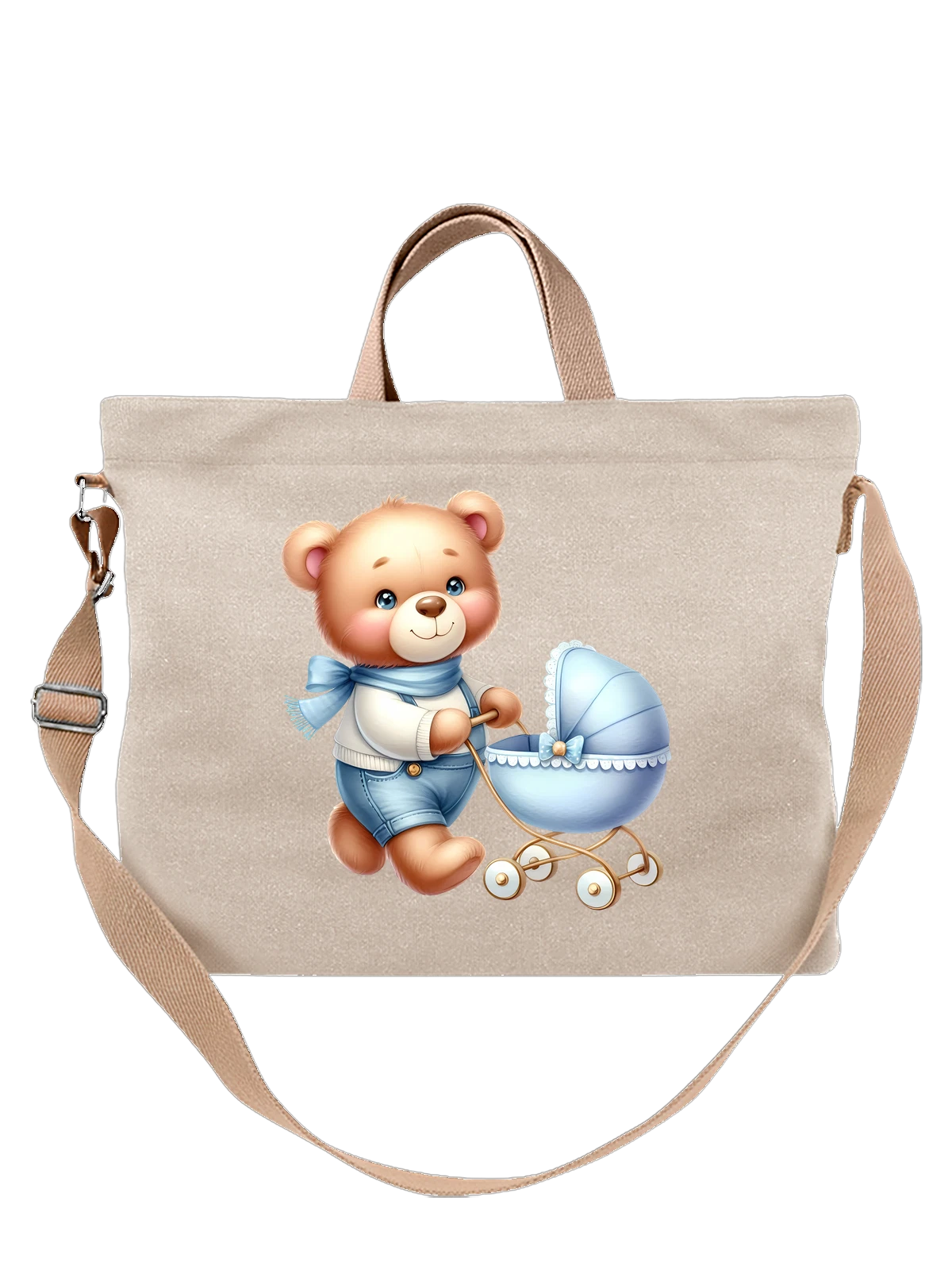 Сумка Милый bear с голубой коляской белая с принтом — cute bear — Белая, фото 1