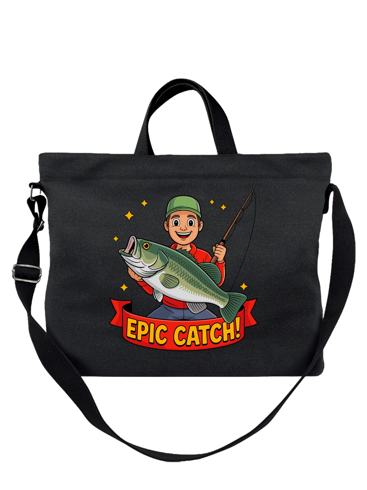 Сумка чёрная с принтом Мальчик рыбак с рыбой Epic Catch — эпик кэтч — Чёрная, фото 1