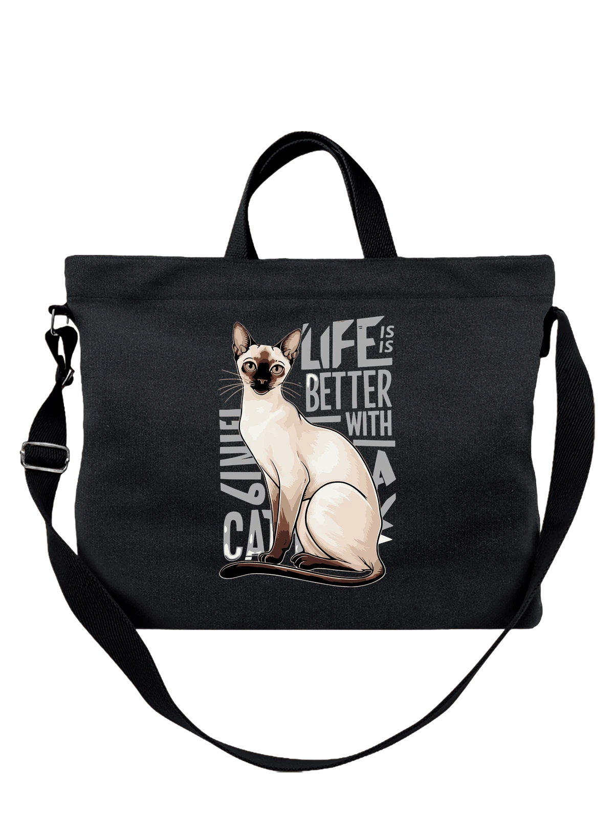 Сумка Сиамский кот life is better with a cat чёрная с принтом — подарок кошатнику — Чёрная, фото 1