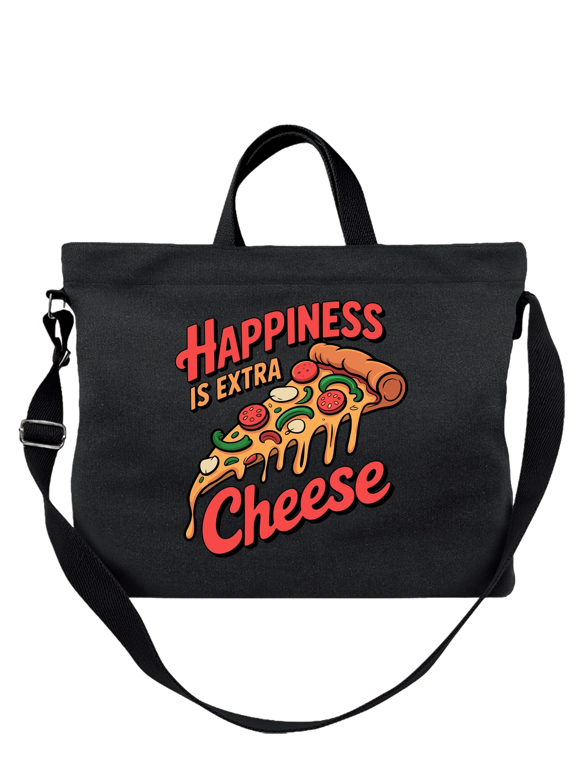 Сумка чёрная с принтом Пицца и надпись Happiness is Extra Cheese — вкусная еда — Чёрная, фото 1