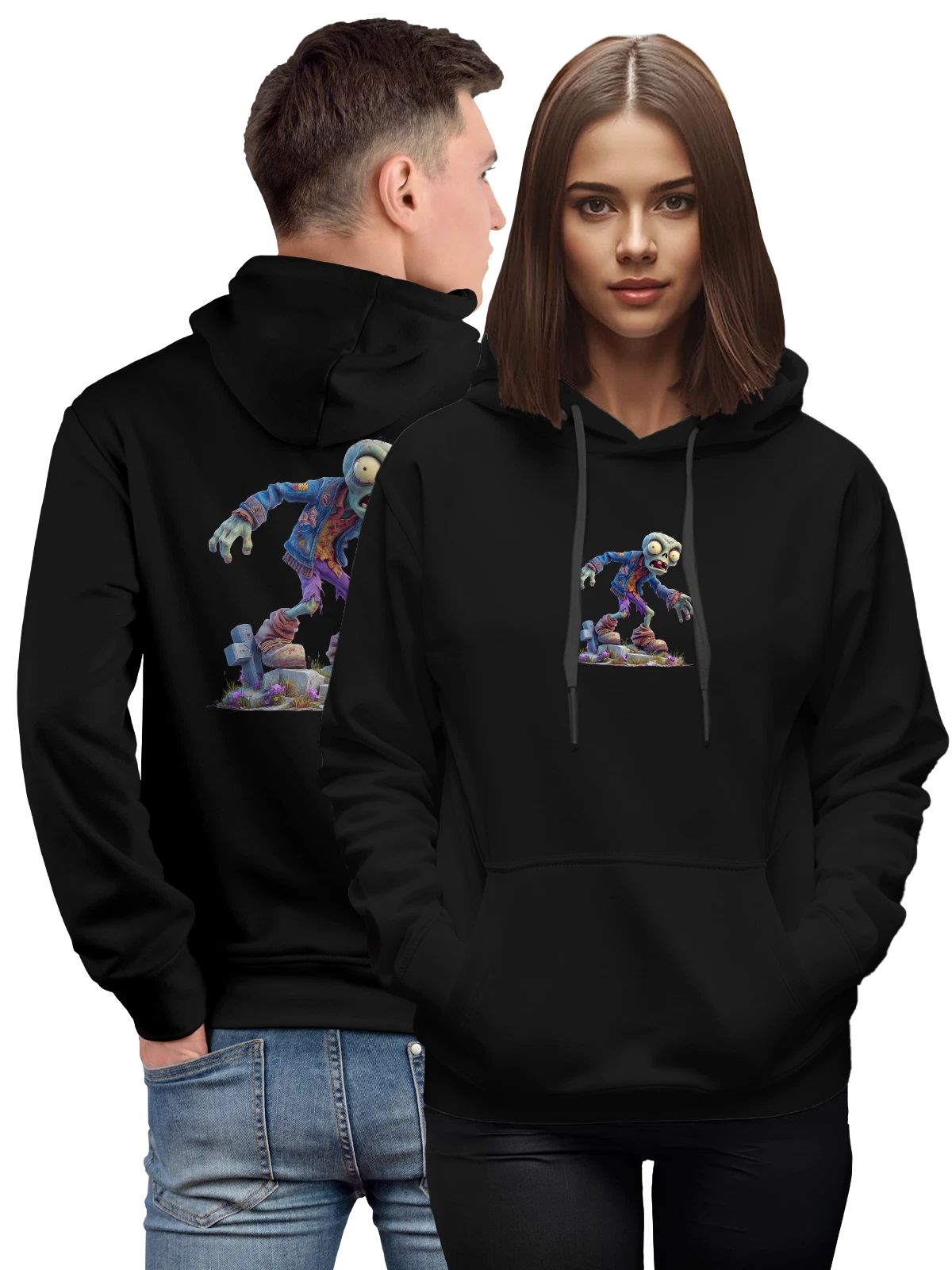 Худи Мультяшный зомби в джинсовой куртке чёрное с принтом — огромные глаза — Чёрная, фото 1