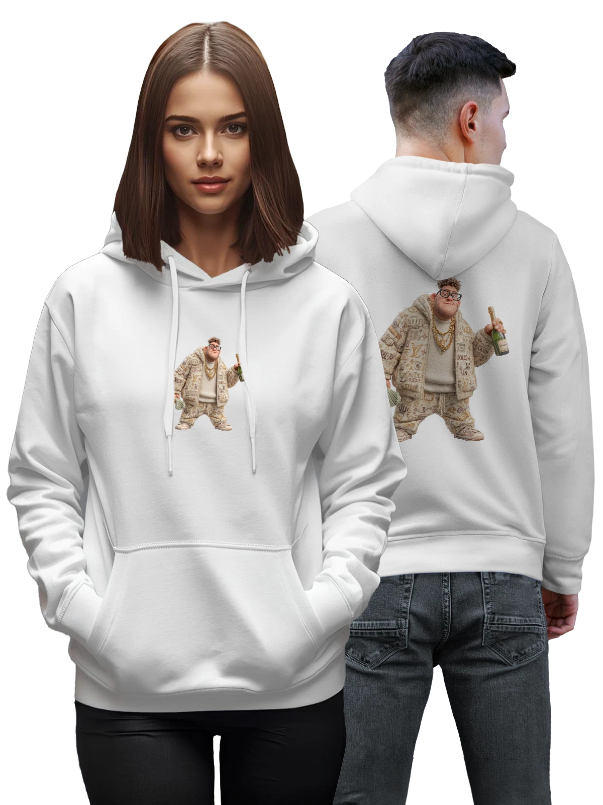 Худи Мультяшный парень с шампанским и деньгами белое с принтом — дизайнерский костюм — Белая, фото 1