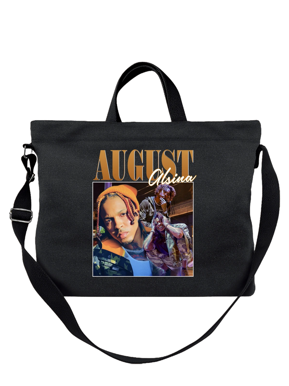 Сумка August Alsina в камуфляжной куртке и шапке чёрная с принтом — мужской портрет — Чёрная, фото 1
