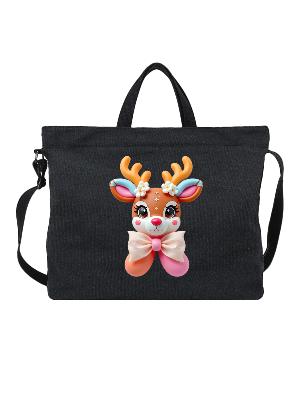 Сумка Милый cartoon deer с бантом и цветами чёрная с принтом — kawaii deer — Чёрная, фото 1